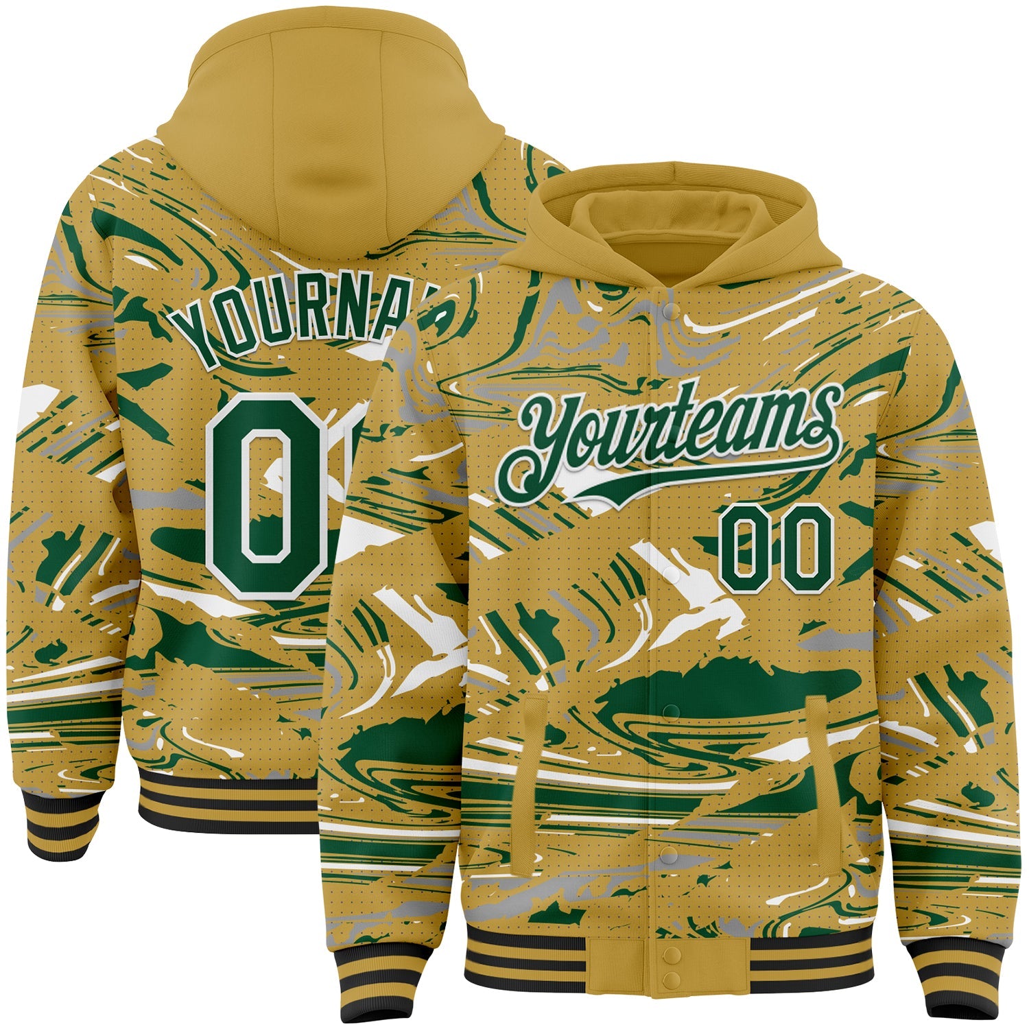 Custom Figure Kelly Green Old Gold Black-White Fluid Pattern Bomber Full-Snap Varsity Letterman Hoodie Jacket - Main View