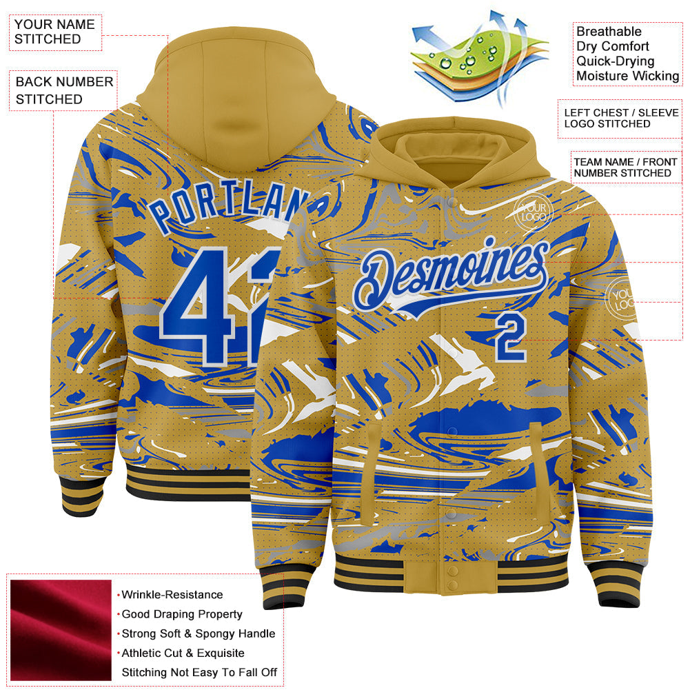 Custom Figure Thunder Blue Old Gold Black-White Fluid Pattern Bomber Full-Snap Varsity Letterman Hoodie Jacket view 4