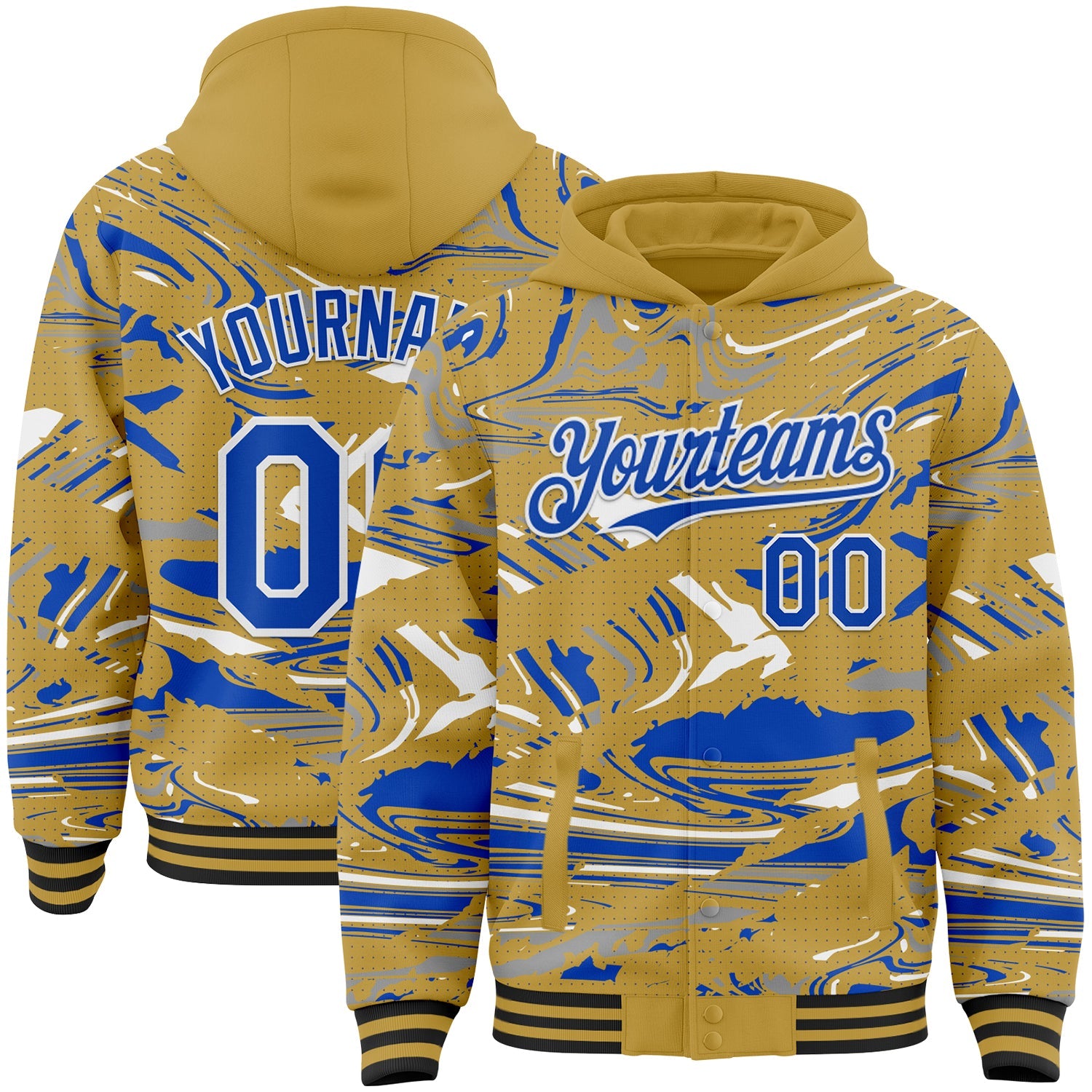 Custom Figure Thunder Blue Old Gold Black-White Fluid Pattern Bomber Full-Snap Varsity Letterman Hoodie Jacket - Main View