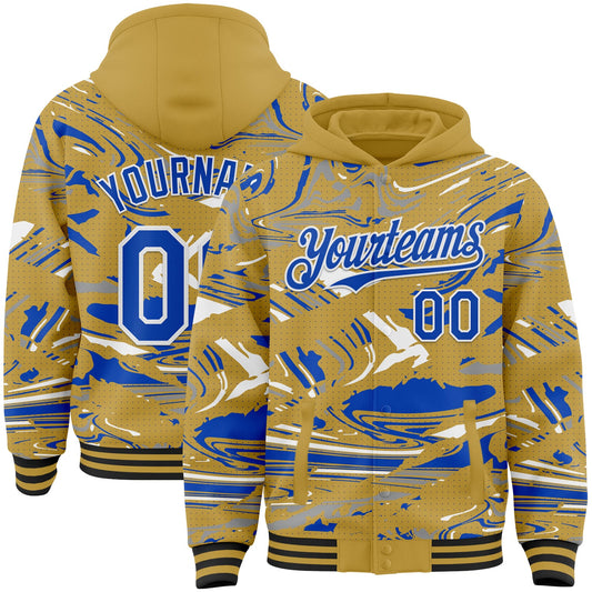Custom Figure Thunder Blue Old Gold Black-White Fluid Pattern Bomber Full-Snap Varsity Letterman Hoodie Jacket - Main View