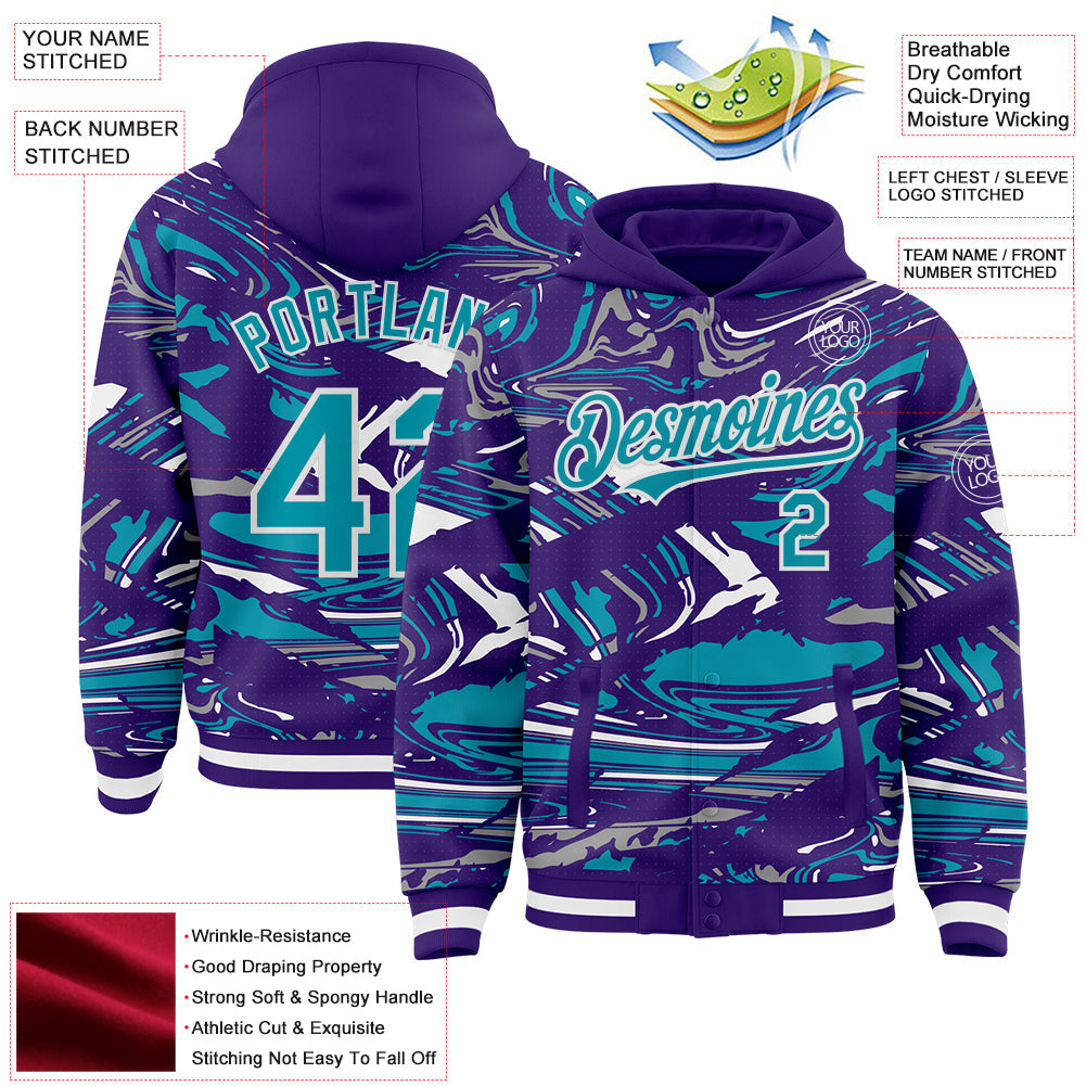 Custom Figure Teal Purple-White Fluid Pattern Bomber Full-Snap Varsity Letterman Hoodie Jacket view 4