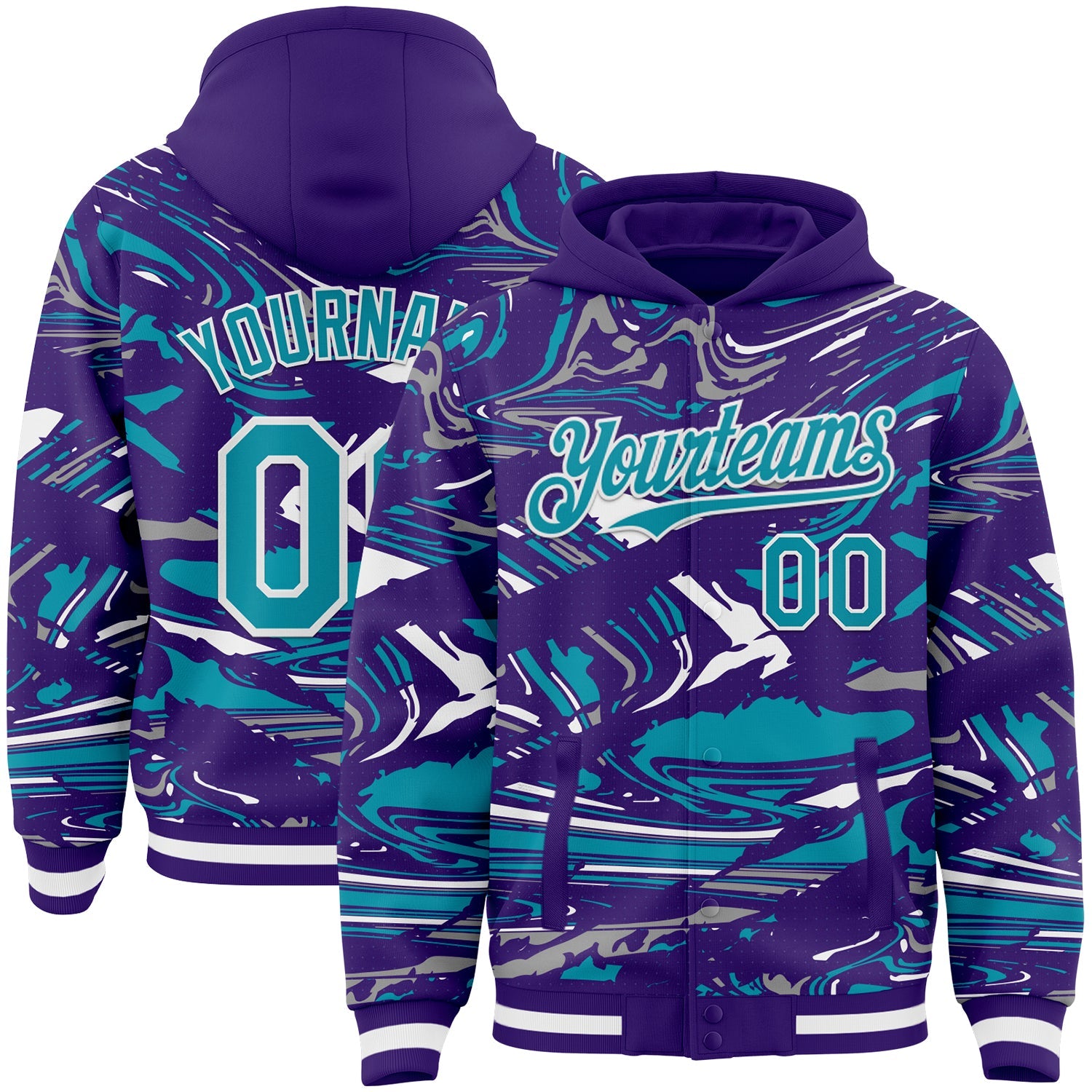 Custom Figure Teal Purple-White Fluid Pattern Bomber Full-Snap Varsity Letterman Hoodie Jacket - Main View