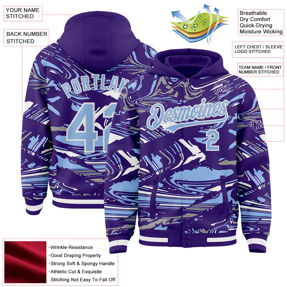 Custom Figure Light Blue Purple-White Fluid Pattern Bomber Full-Snap Varsity Letterman Hoodie Jacket view 4