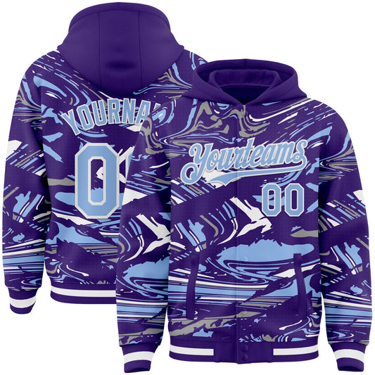 Custom Figure Light Blue Purple-White Fluid Pattern Bomber Full-Snap Varsity Letterman Hoodie Jacket - Main View