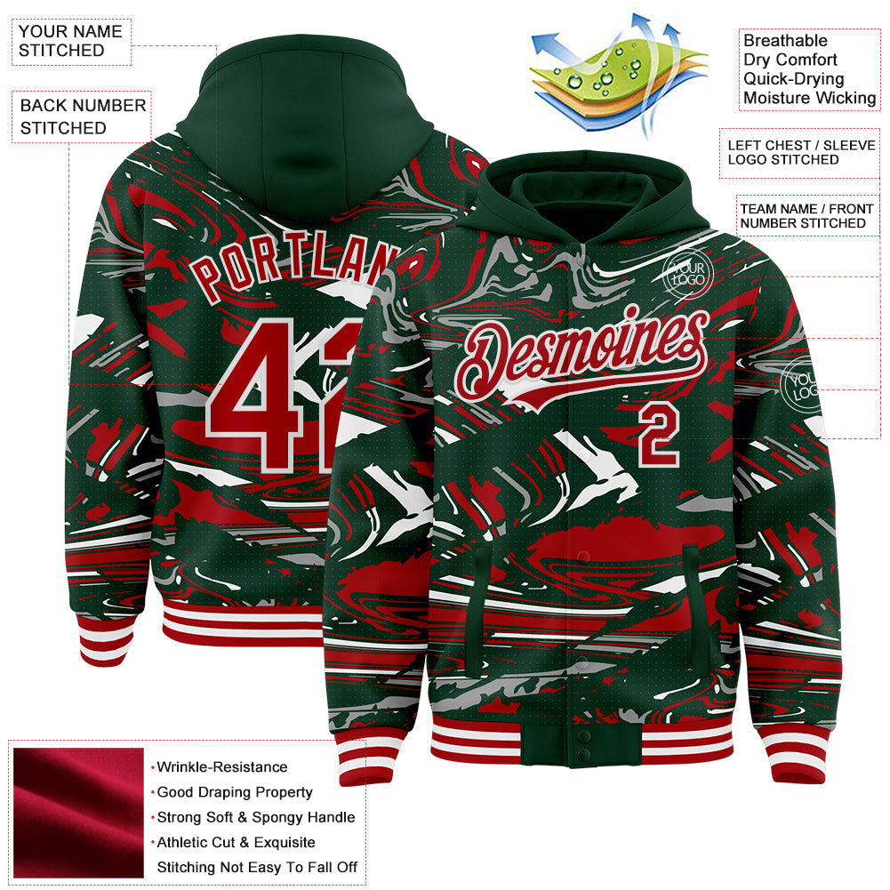 Custom Figure Red Green-White Fluid Pattern Bomber Full-Snap Varsity Letterman Hoodie Jacket view 4