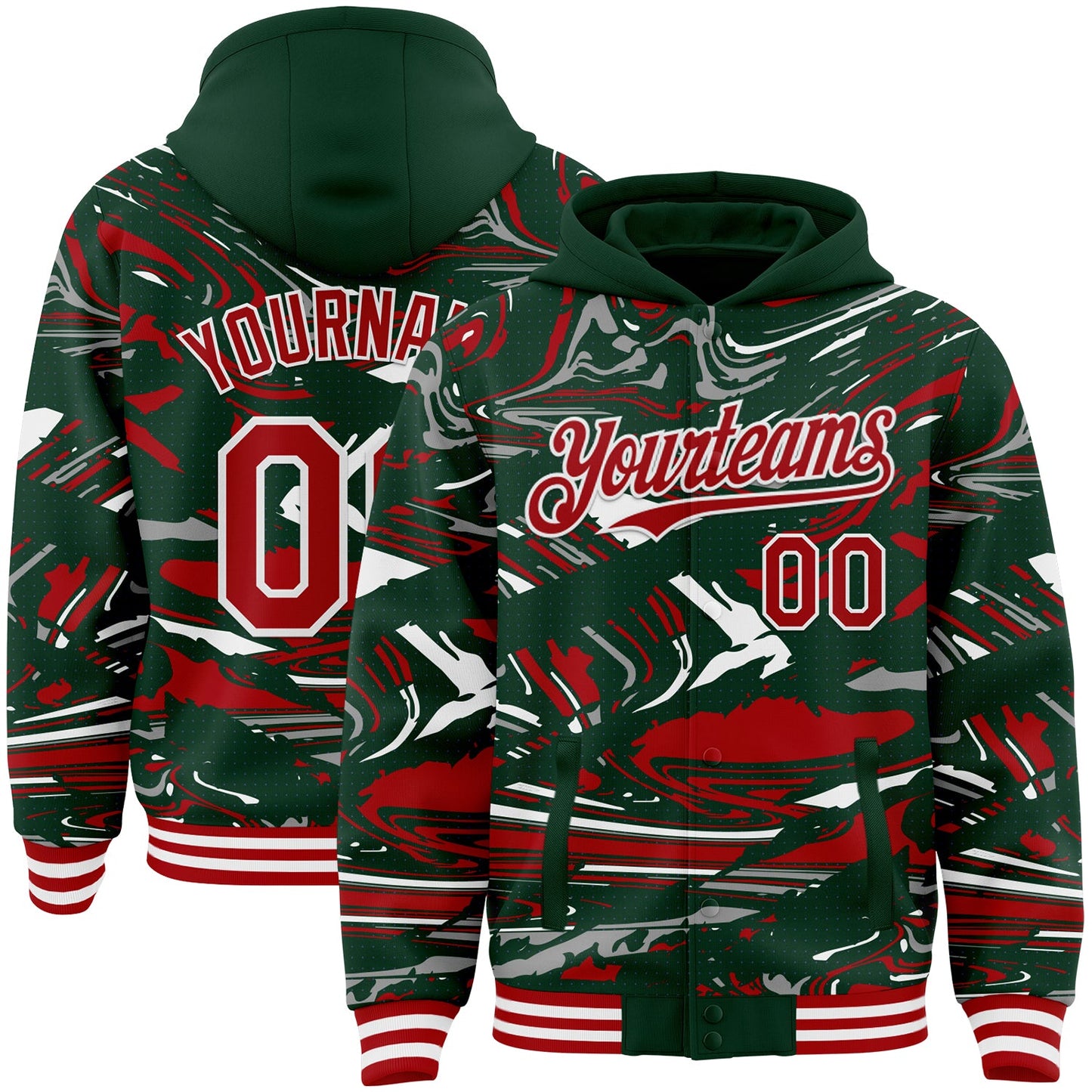 Custom Figure Red Green-White Fluid Pattern Bomber Full-Snap Varsity Letterman Hoodie Jacket - Main View