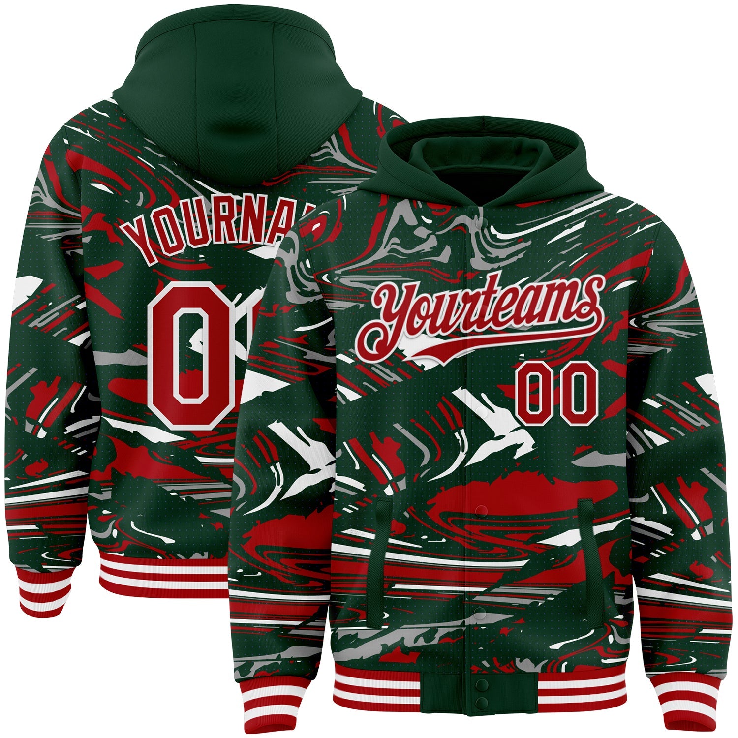 Custom Figure Red Green-White Fluid Pattern Bomber Full-Snap Varsity Letterman Hoodie Jacket - Main View