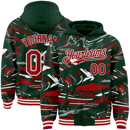 Custom Figure Red Green-White Fluid Pattern Bomber Full-Snap Varsity Letterman Hoodie Jacket - Main View