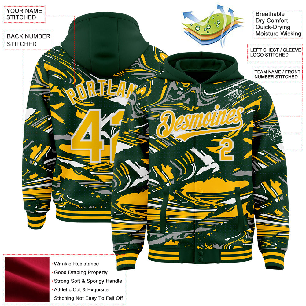 Custom Figure Gold Green-White Fluid Pattern Bomber Full-Snap Varsity Letterman Hoodie Jacket view 4