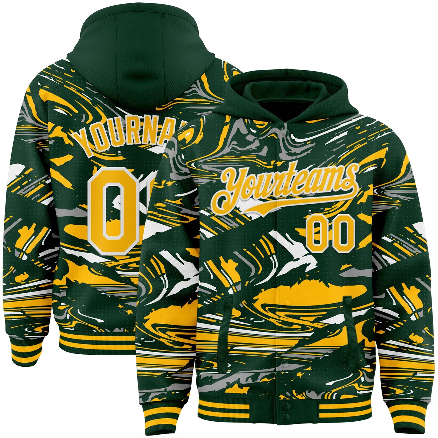 Custom Figure Gold Green-White Fluid Pattern Bomber Full-Snap Varsity Letterman Hoodie Jacket - Main View