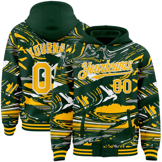 Custom Figure Gold Green-White Fluid Pattern Bomber Full-Snap Varsity Letterman Hoodie Jacket - Main View