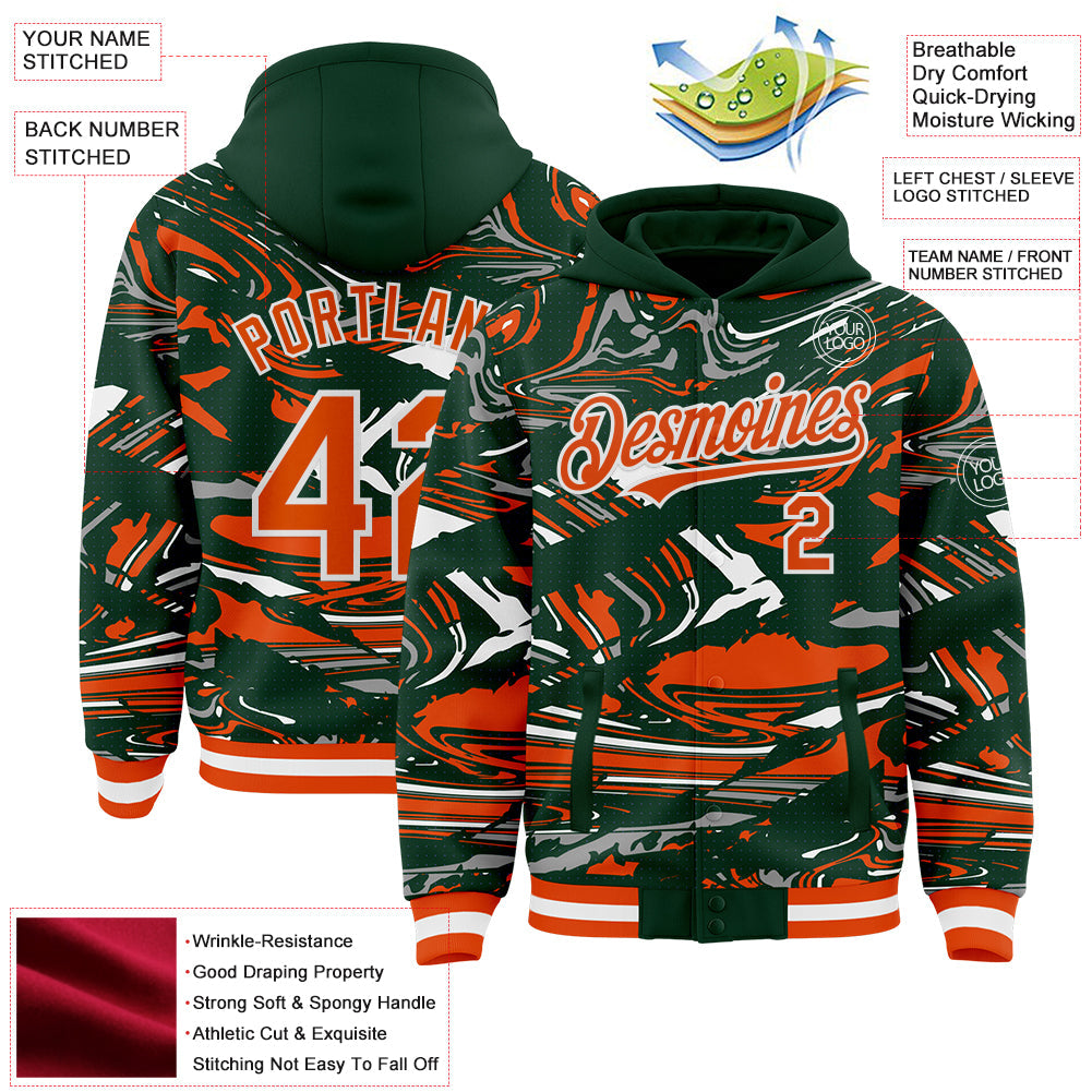 Custom Figure Orange Green-White Fluid Pattern Bomber Full-Snap Varsity Letterman Hoodie Jacket view 4