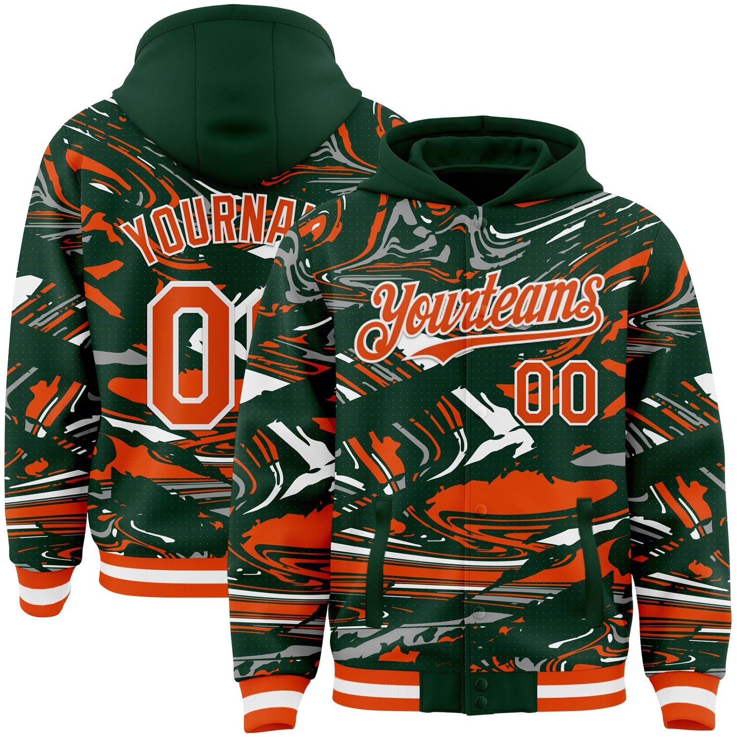 Custom Figure Orange Green-White Fluid Pattern Bomber Full-Snap Varsity Letterman Hoodie Jacket - Main View