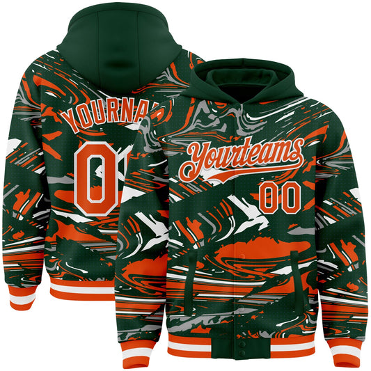 Custom Figure Orange Green-White Fluid Pattern Bomber Full-Snap Varsity Letterman Hoodie Jacket - Main View