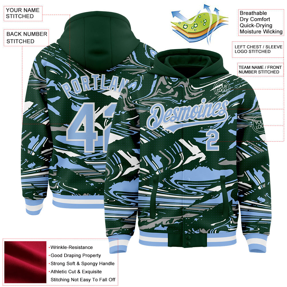 Custom Figure Light Blue Green-White Fluid Pattern Bomber Full-Snap Varsity Letterman Hoodie Jacket view 4