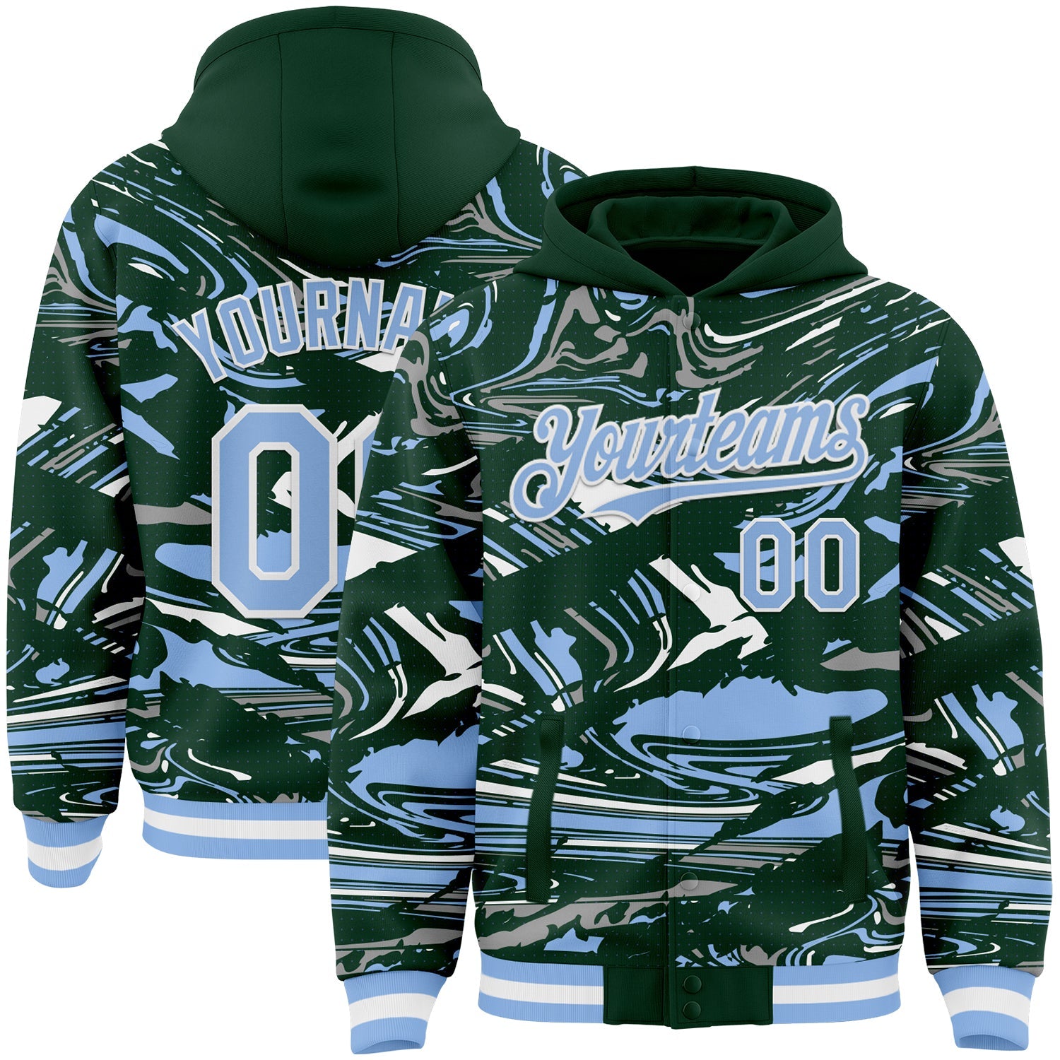Custom Figure Light Blue Green-White Fluid Pattern Bomber Full-Snap Varsity Letterman Hoodie Jacket - Main View