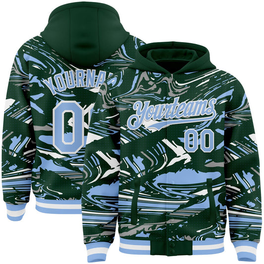 Custom Figure Light Blue Green-White Fluid Pattern Bomber Full-Snap Varsity Letterman Hoodie Jacket - Main View