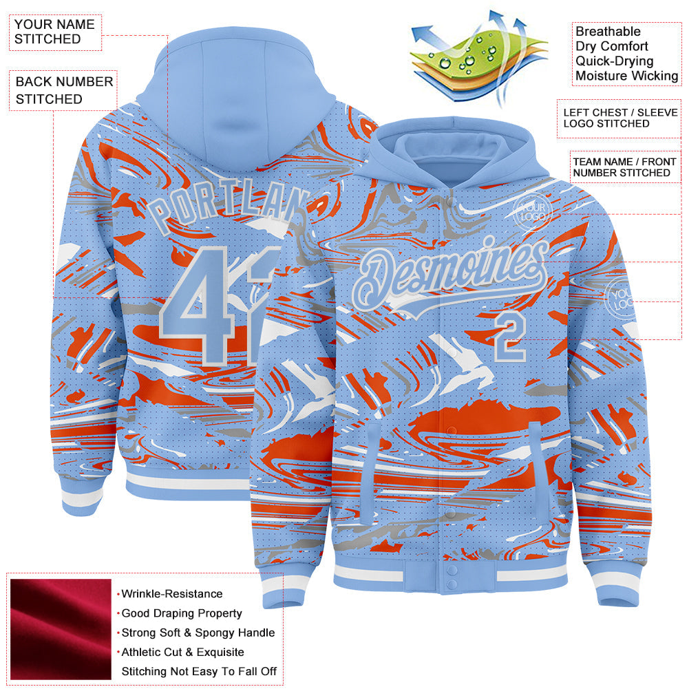 Custom Figure Light Blue Orange-White Fluid Pattern Bomber Full-Snap Varsity Letterman Hoodie Jacket view 4