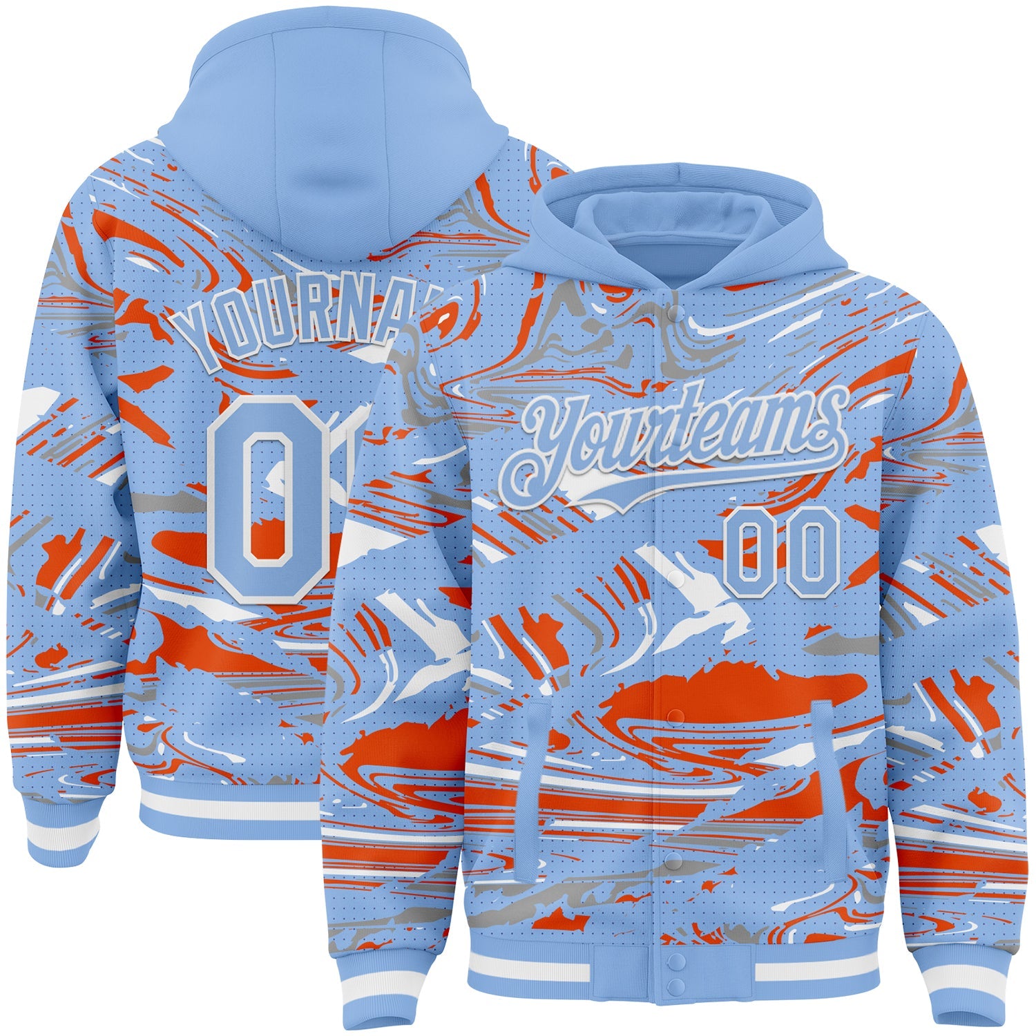 Custom Figure Light Blue Orange-White Fluid Pattern Bomber Full-Snap Varsity Letterman Hoodie Jacket - Main View