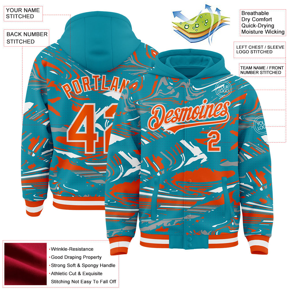 Custom Figure Orange Teal-White Fluid Pattern Bomber Full-Snap Varsity Letterman Hoodie Jacket view 4