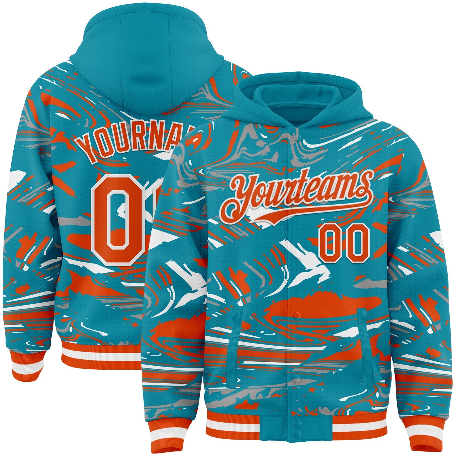 Custom Figure Orange Teal-White Fluid Pattern Bomber Full-Snap Varsity Letterman Hoodie Jacket - Main View