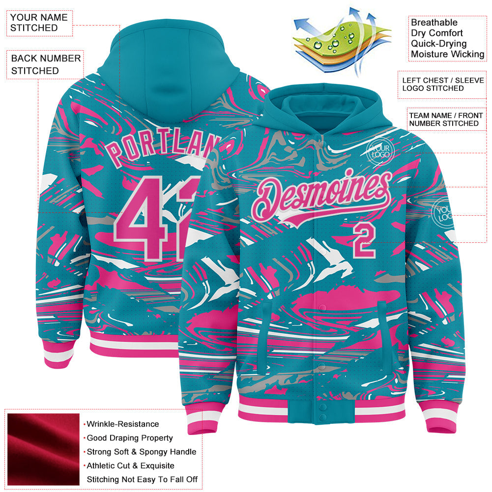 Custom Figure Pink Teal-White Fluid Pattern Bomber Full-Snap Varsity Letterman Hoodie Jacket view 4