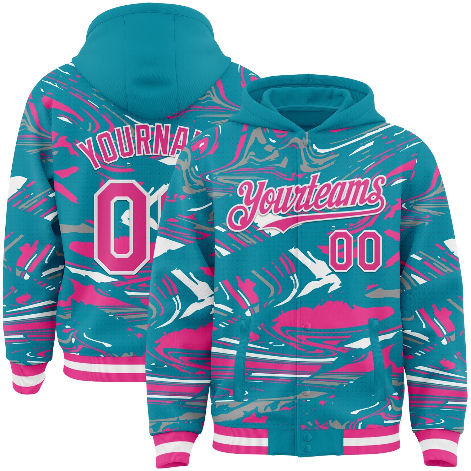 Custom Figure Pink Teal-White Fluid Pattern Bomber Full-Snap Varsity Letterman Hoodie Jacket - Main View