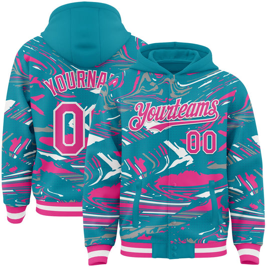 Custom Figure Pink Teal-White Fluid Pattern Bomber Full-Snap Varsity Letterman Hoodie Jacket - Main View