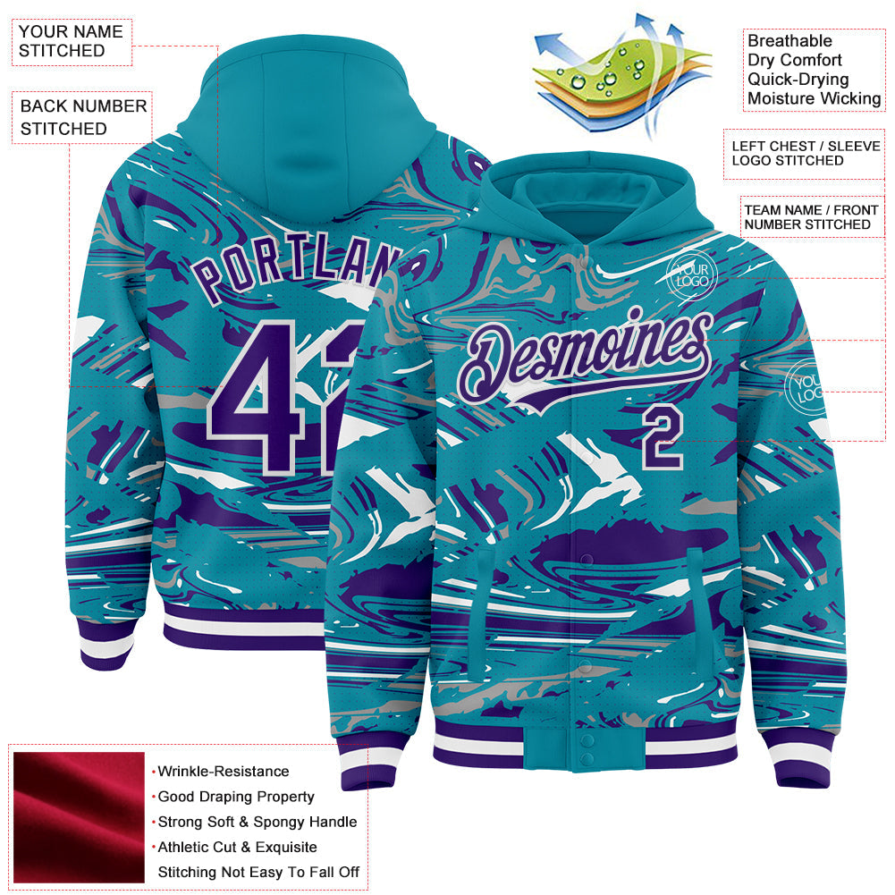 Custom Figure Purple Teal-White Fluid Pattern Bomber Full-Snap Varsity Letterman Hoodie Jacket view 4