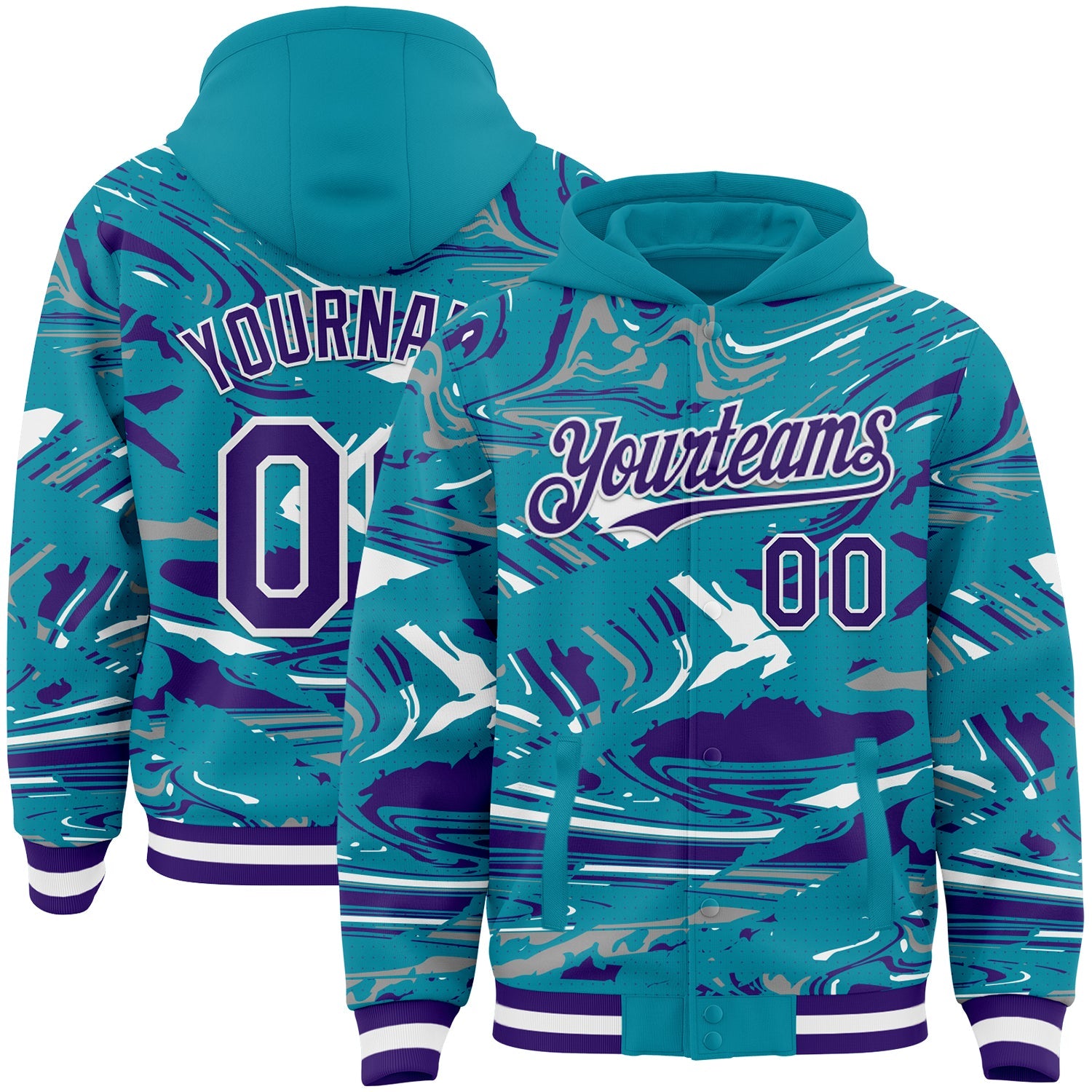 Custom Figure Purple Teal-White Fluid Pattern Bomber Full-Snap Varsity Letterman Hoodie Jacket - Main View
