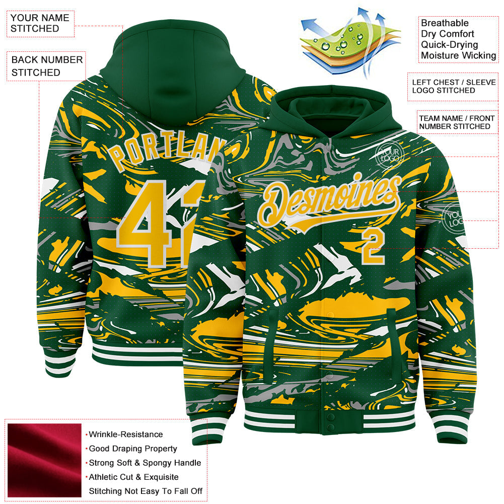 Custom Figure Gold Kelly Green-White Fluid Pattern Bomber Full-Snap Varsity Letterman Hoodie Jacket view 4