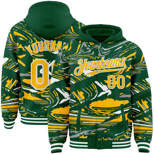 Custom Figure Gold Kelly Green-White Fluid Pattern Bomber Full-Snap Varsity Letterman Hoodie Jacket - Main View