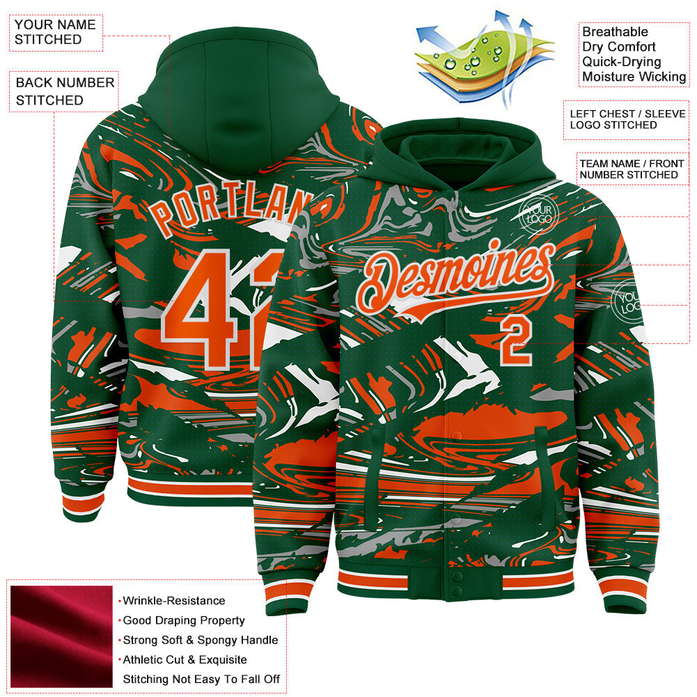 Custom Figure Orange Kelly Green-White Fluid Pattern Bomber Full-Snap Varsity Letterman Hoodie Jacket view 4