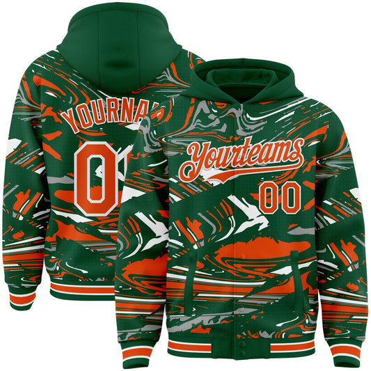 Custom Figure Orange Kelly Green-White Fluid Pattern Bomber Full-Snap Varsity Letterman Hoodie Jacket - Main View