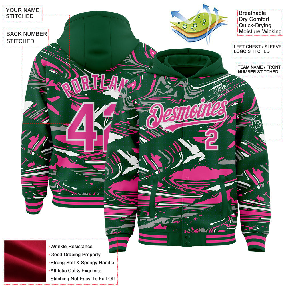 Custom Figure Pink Kelly Green-White Fluid Pattern Bomber Full-Snap Varsity Letterman Hoodie Jacket view 4