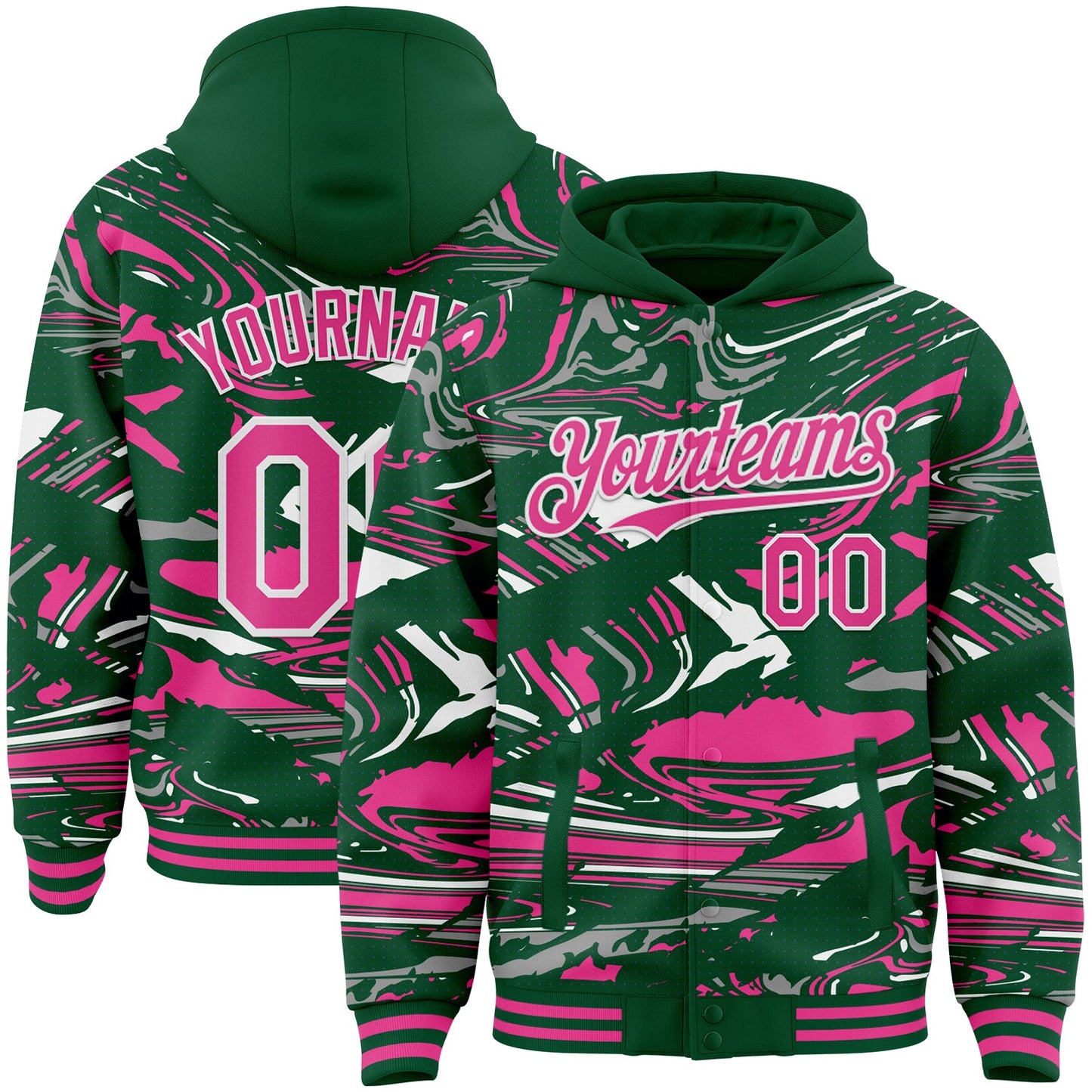 Custom Figure Pink Kelly Green-White Fluid Pattern Bomber Full-Snap Varsity Letterman Hoodie Jacket - Main View