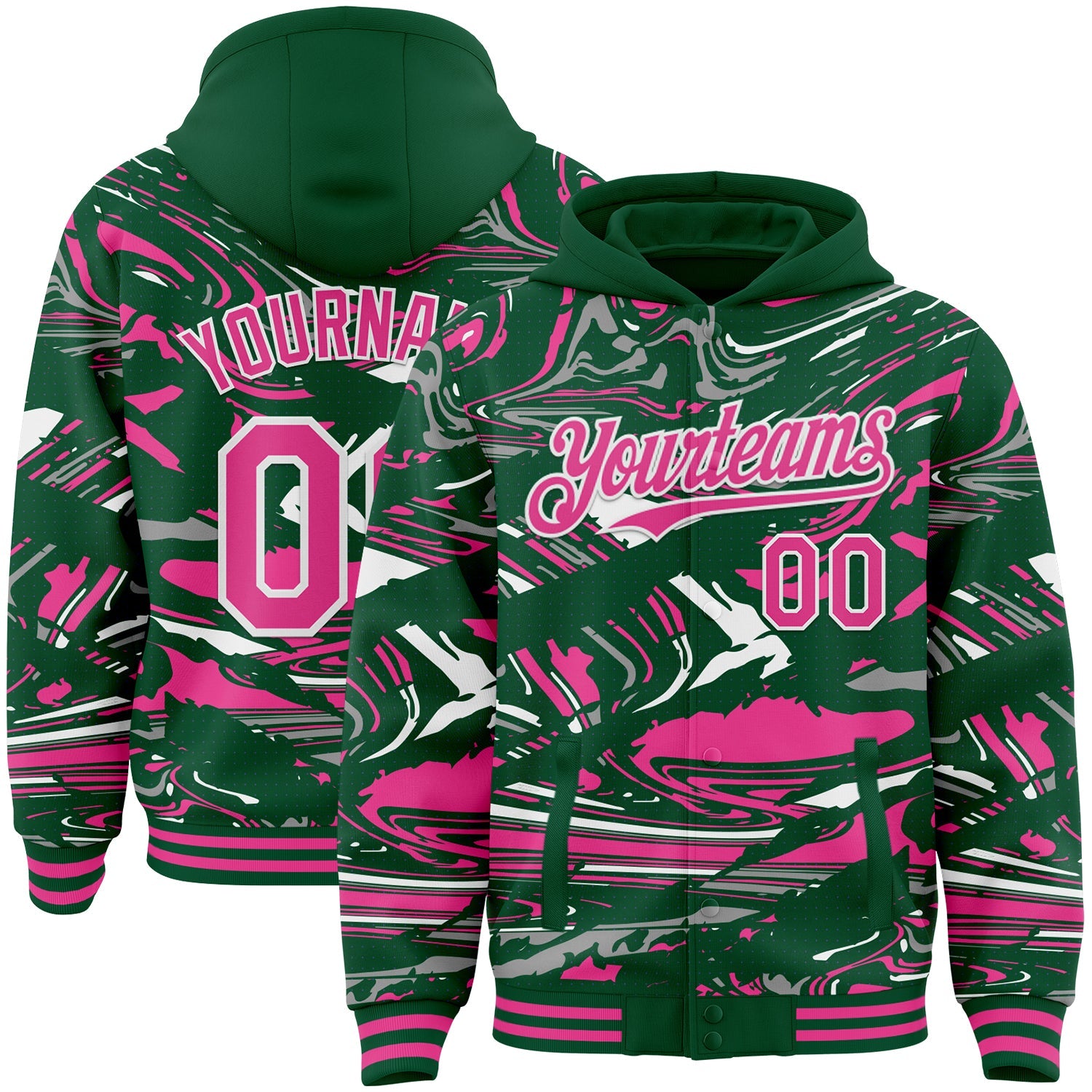 Custom Figure Pink Kelly Green-White Fluid Pattern Bomber Full-Snap Varsity Letterman Hoodie Jacket - Main View