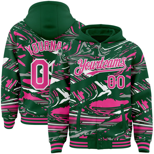 Custom Figure Pink Kelly Green-White Fluid Pattern Bomber Full-Snap Varsity Letterman Hoodie Jacket - Main View
