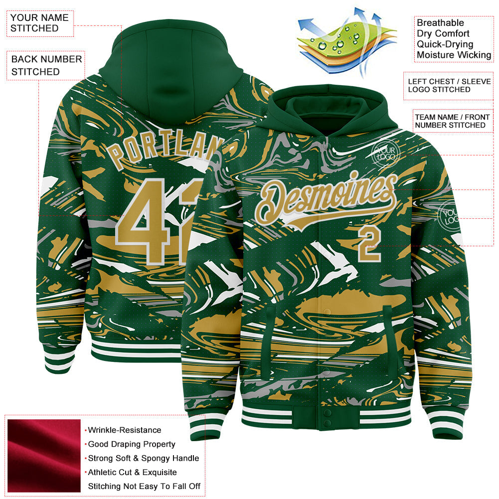 Custom Figure Old Gold Kelly Green-White Fluid Pattern Bomber Full-Snap Varsity Letterman Hoodie Jacket view 4
