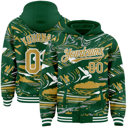 Custom Figure Old Gold Kelly Green-White Fluid Pattern Bomber Full-Snap Varsity Letterman Hoodie Jacket - Main View