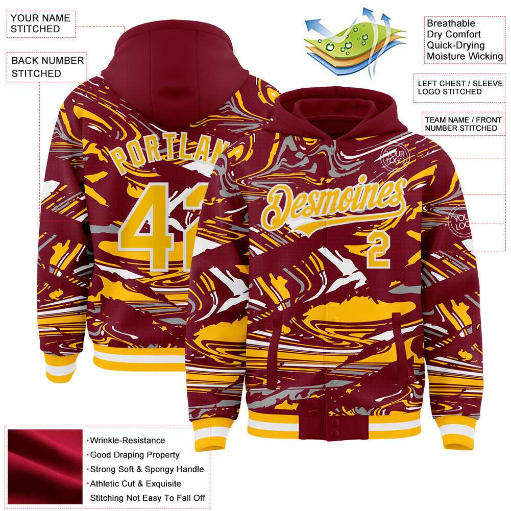 Custom Figure Gold Crimson-White Fluid Pattern Bomber Full-Snap Varsity Letterman Hoodie Jacket view 4