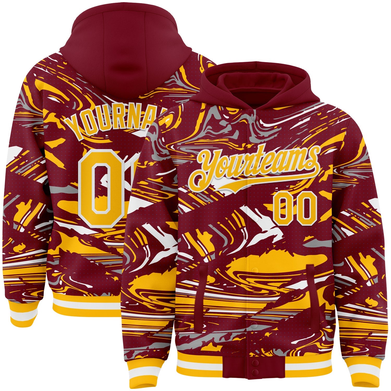 Custom Figure Gold Crimson-White Fluid Pattern Bomber Full-Snap Varsity Letterman Hoodie Jacket - Main View