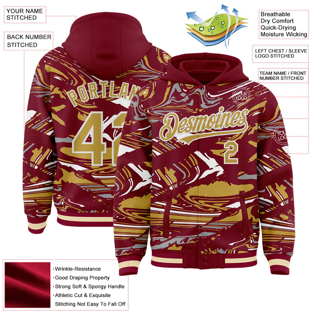 Custom Figure Old Gold Crimson Cream-White Fluid Pattern Bomber Full-Snap Varsity Letterman Hoodie Jacket view 4