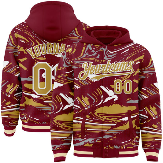 Custom Figure Old Gold Crimson Cream-White Fluid Pattern Bomber Full-Snap Varsity Letterman Hoodie Jacket - Main View