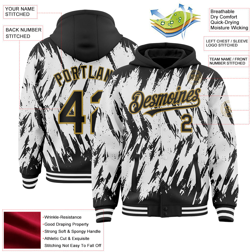Custom Black White-Old Gold Abstract Sharp Shape Fragment Pattern Bomber Full-Snap Varsity Letterman Hoodie Jacket view 4