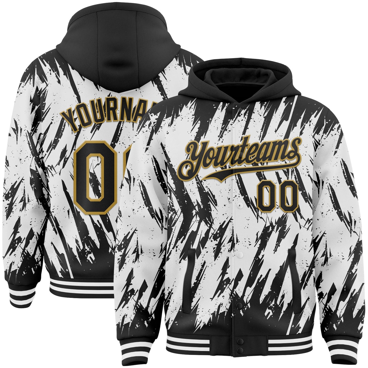 Custom Black White-Old Gold Abstract Sharp Shape Fragment Pattern Bomber Full-Snap Varsity Letterman Hoodie Jacket - Main View