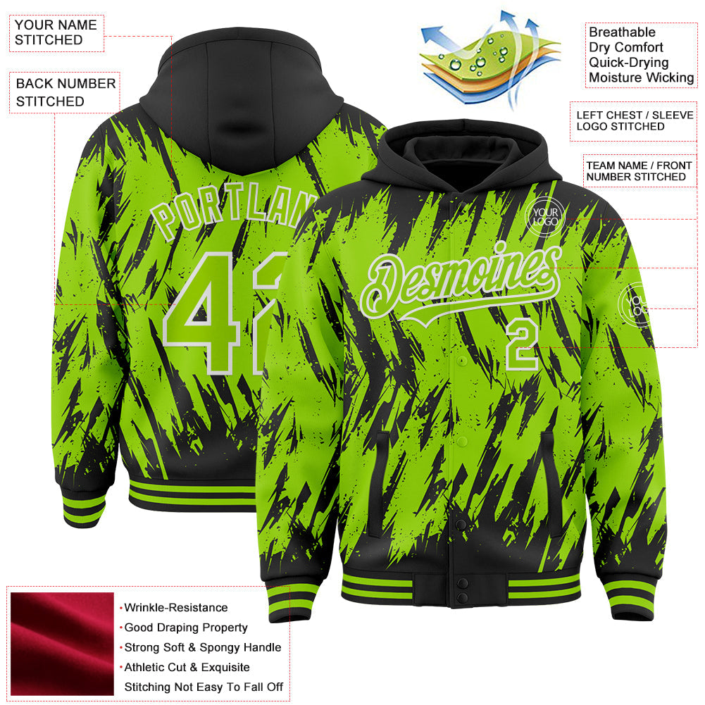 Custom Black Neon Green-White Abstract Sharp Shape Fragment Pattern Bomber Full-Snap Varsity Letterman Hoodie Jacket view 4