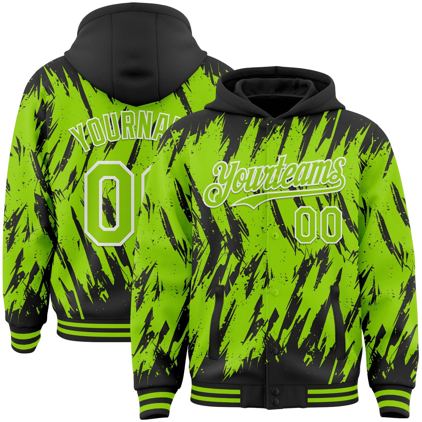 Custom Black Neon Green-White Abstract Sharp Shape Fragment Pattern Bomber Full-Snap Varsity Letterman Hoodie Jacket - Main View