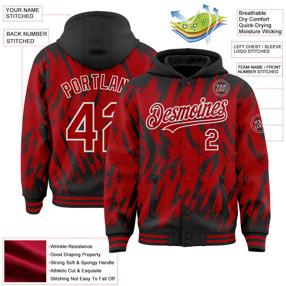 Custom Black Red-White Abstract Sharp Shape Fragment Pattern Bomber Full-Snap Varsity Letterman Hoodie Jacket view 4