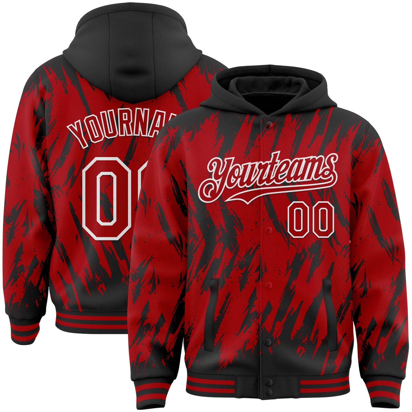 Custom Black Red-White Abstract Sharp Shape Fragment Pattern Bomber Full-Snap Varsity Letterman Hoodie Jacket - Main View